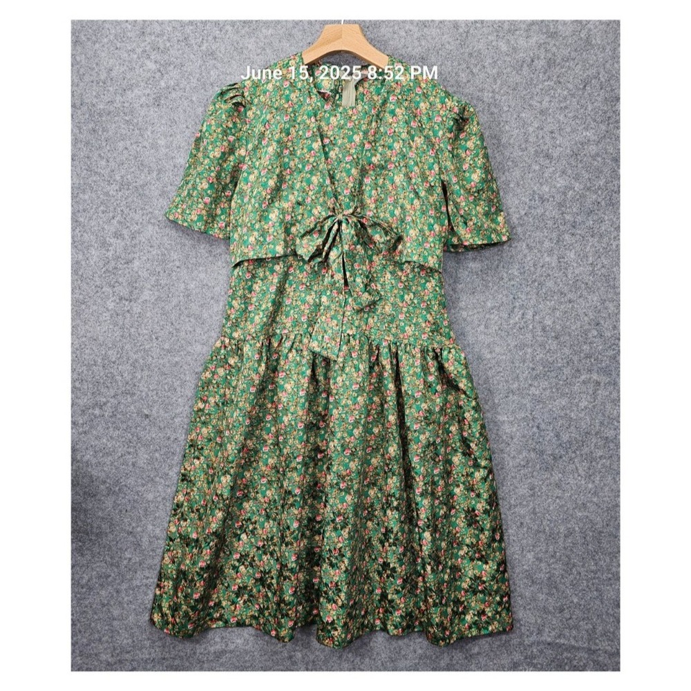 Vintage 70s Floral Cottagecore Dress M Green Grandma Calico Bolero Tie Front